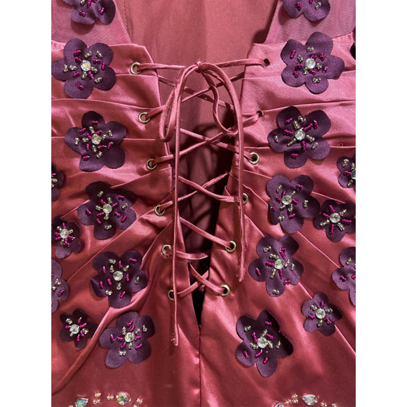 Vintage Y2K Pink/Magenta Beaded Floral Prom Gown Formal Dress Spaghetti Strap - Picture 6 of 10